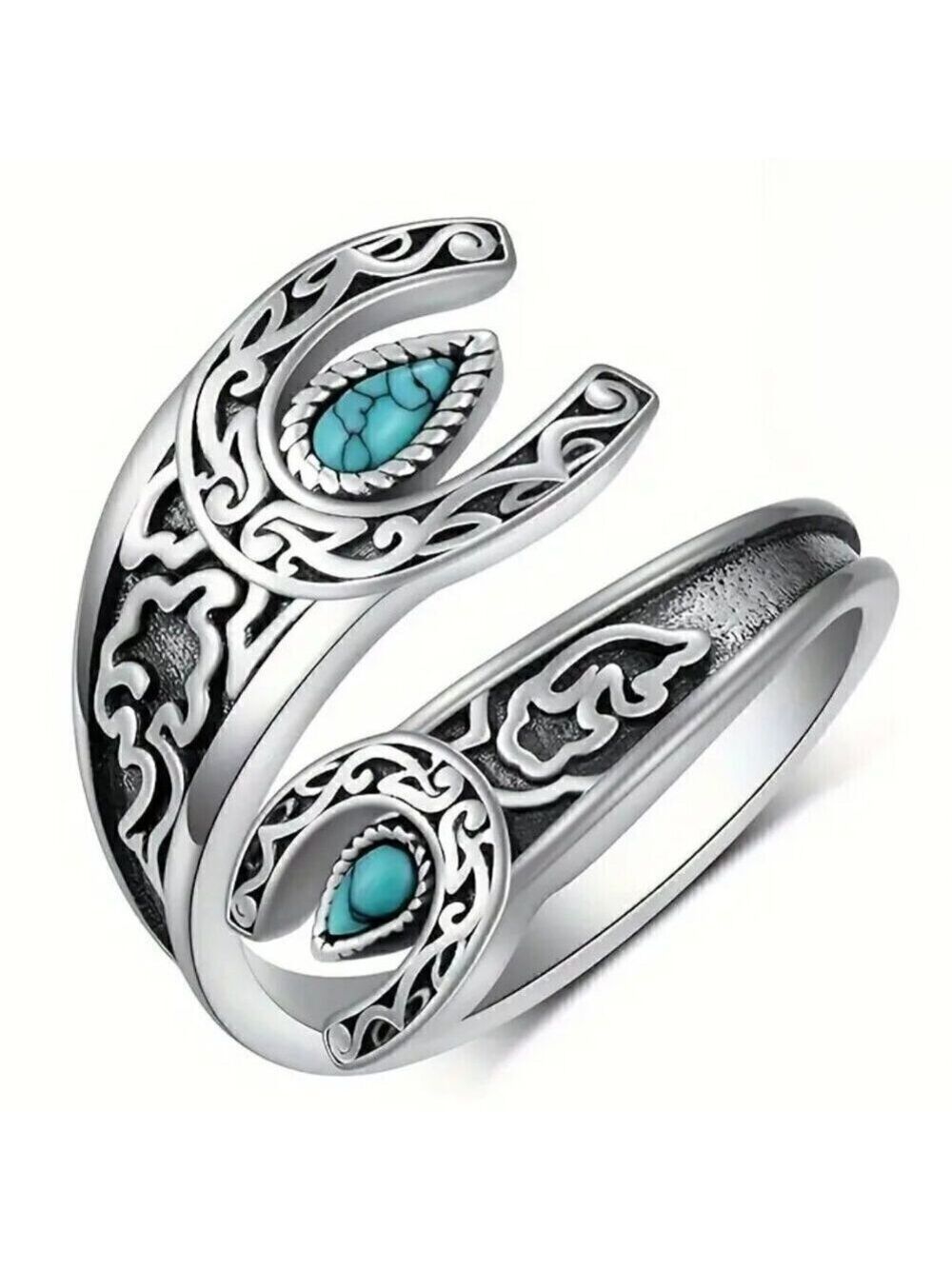 Boho Horseshoe and Faux Turquoise Adjustable Spoon Ring #1358
